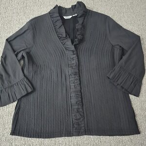 Stera Black Pleated Ruffle Blouse 3/4 Sleeve Zip Snap Dark‎ Romantic Womens M